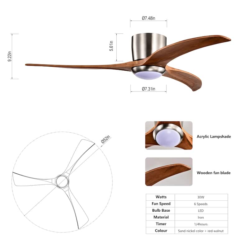 52" Flush Mount Ceiling Fan Solid Wood Blades Ceiling Fan With Light With Remote Control,Noiseless Reversible Motor,6 Speed