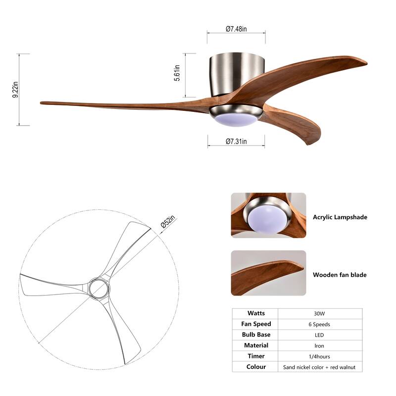 52 Inch Flush Mount Ceiling Fan Solid Wood Blades Light Remote Quiet Reversible Motor 6 Speed Stain Nickel