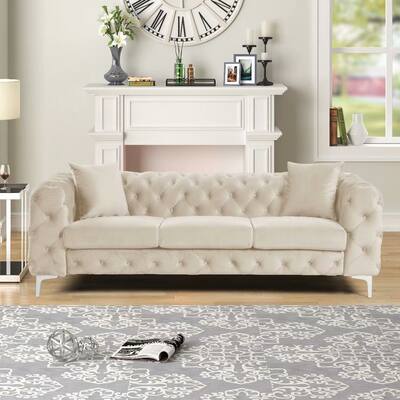 Morden Fort Modern Velvet Sofa Contemporary Three-Seater Sofa with Button Tufted,Solid Wood Frame and Iron Legs