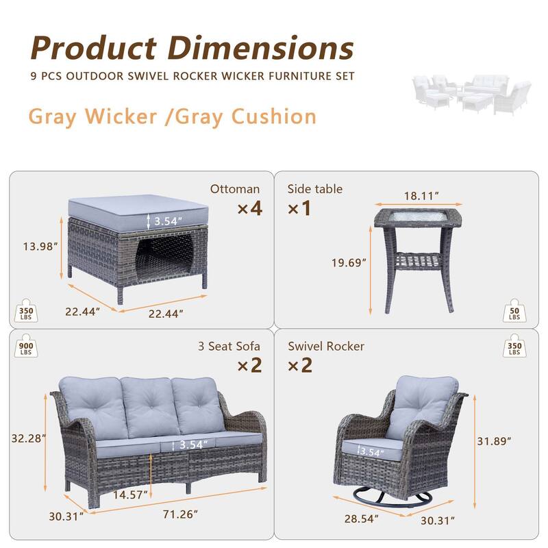 9 Piece Outdoor Wicker Patio Conversation Swivel Chairs Furniture Sets