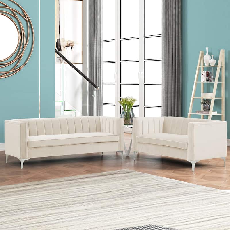 Morden Fort Modern 2 Pieces of Loveseat and Sofa Couch Set with Dutch Velvet Grey, Iron Legs