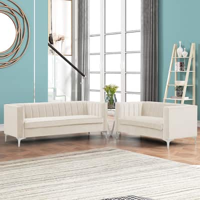Morden Fort Modern 2 Pieces of Loveseat and Sofa Couch Set with Dutch Velvet Grey, Iron Legs