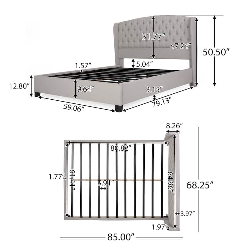 Roomfitters Upholstered Wingback Platform Bed with Headboard, Queen Size, Light Grey