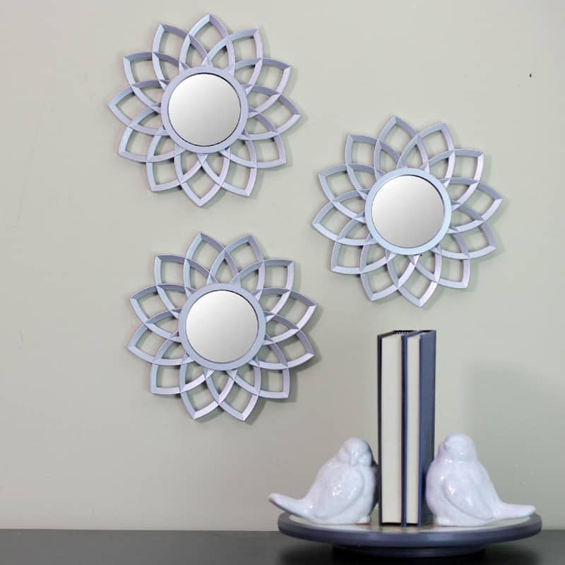 Set of 3 Matte Silver Arched Floral Mirrors Wall Decor 10"
