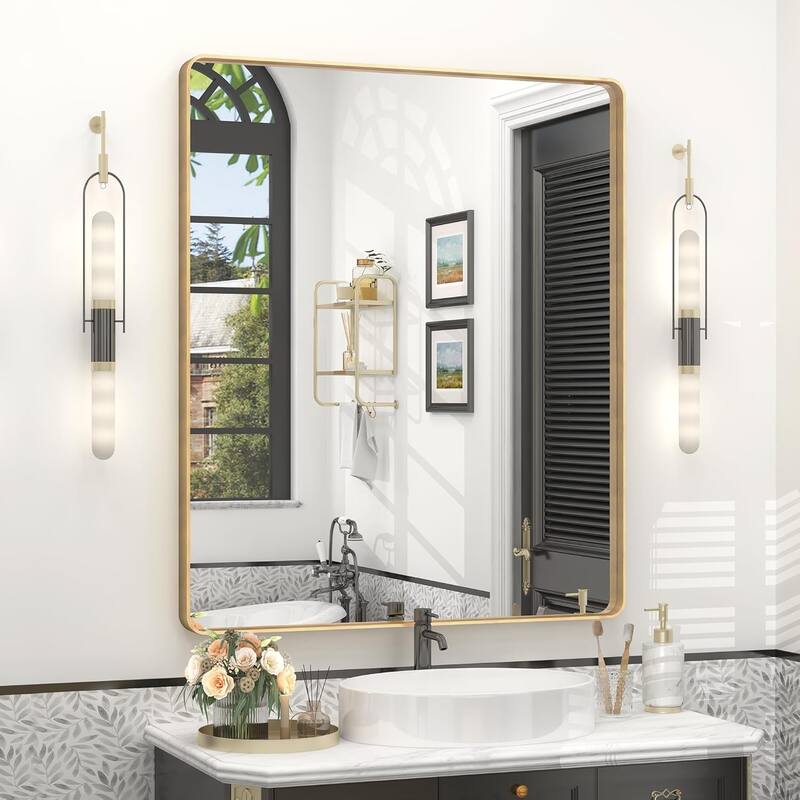 Aluminum Alloy Framed French Cleat Mounted Tempered Glass Wall Vanity Mirror - Gold - 36" x 30"
