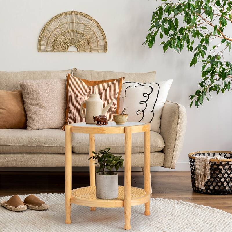 Rubberwood Coffee Table with Tempered Glass and Rattan - 19.7 x 19.7 x 23.2 in