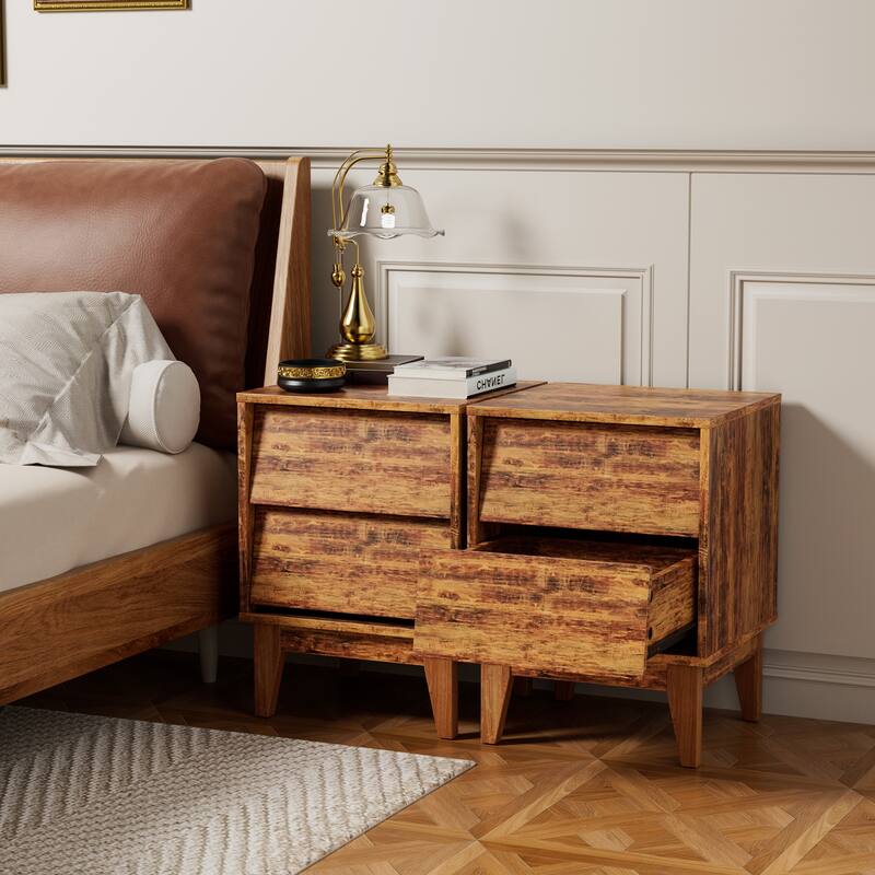 Set of 2 Mid-Century Modern MDF Nightstands, Bedside Storage Cabinet with Hidden Drawer Pulls, Side Table with Solid Wood Legs