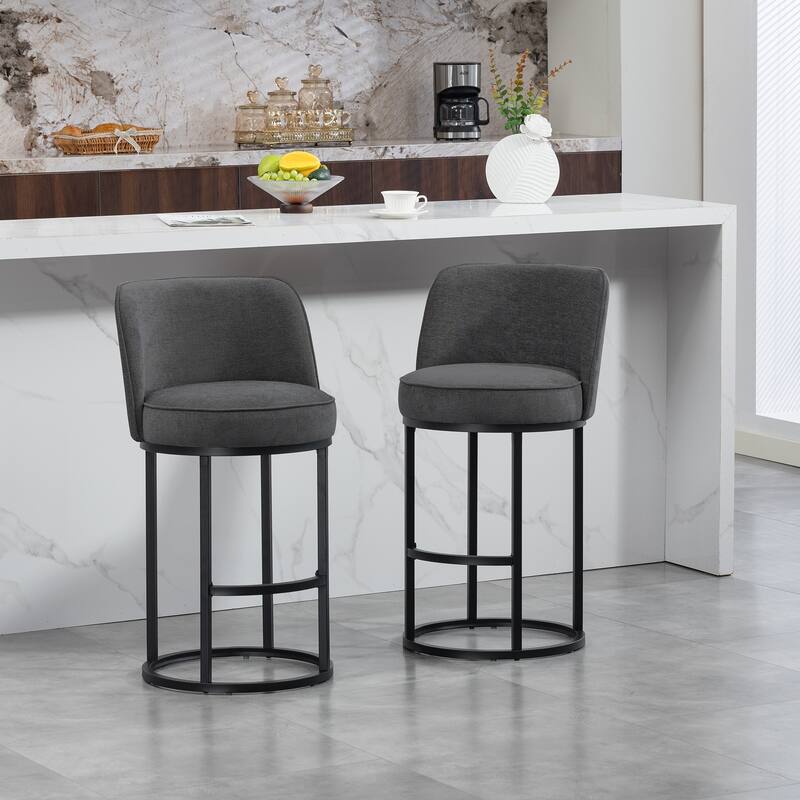 Anmytek Set of 2 Comfortable Modern Barrel Counter Height Bar Stools - Linen Fabric Upholstered With Backrest