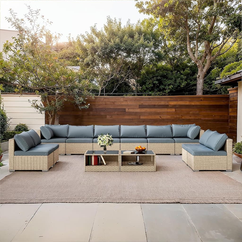 12PCS Khaki Metal Outdoor Sectional Sofa Set Water Resistant Cushions All Weather Wicker Modular Furniture