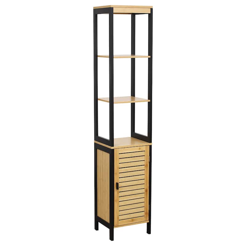 Natural Slim Storage Cabinet with Shelves, Modern Black Frame - 13.4"L x 12"W x 68"H - 13.4"L x 12"W x 68"H - Natural Finish - Natural/Black