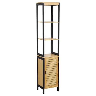 Natural Slim Storage Cabinet with Shelves, Modern Black Frame - 13.4"L x 12"W x 68"H