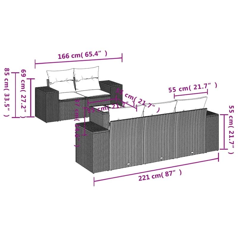 vidaXL Patio Sofa Set with Cushions Outdoor Furniture 6 Piece Poly Rattan - 21.7 x 24.4 x 27.2