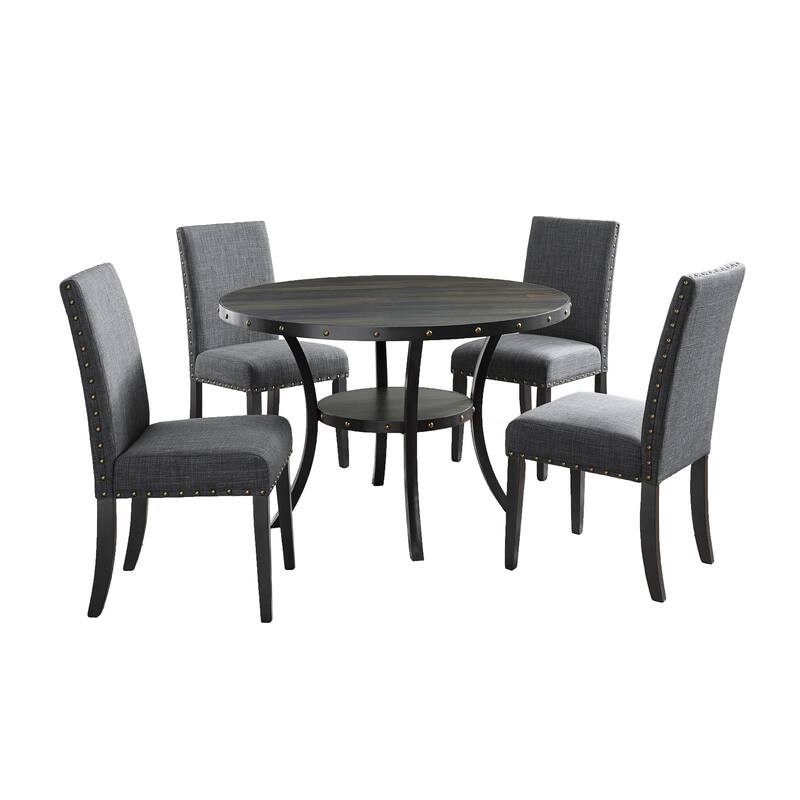 Gray Upholstered Dining Chairs with Nailhead Trim, Round Dining Table with Storage Shelves, Table and Chair Set - Black Gray