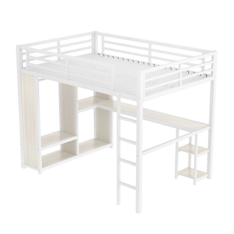 Queen Size Loft Bed with Wardrobe, Desk, and Storage Shelves in White Wood-grain Finish