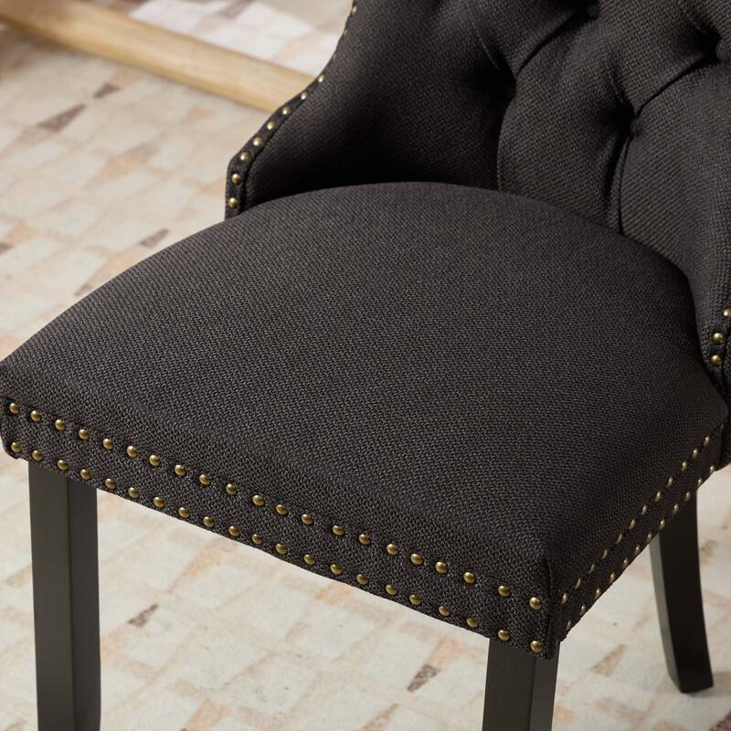 Set of 2 Linen Upholstered Dining Chair with Wood Legs, Nailhead Trim