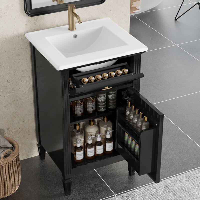 20" Freestanding Bathroom Vanity with Sink, Solid Wood Legs, Adjustable Shelf & Tilt-Out Drawer, Perfect for Tiny Bathrooms - Black