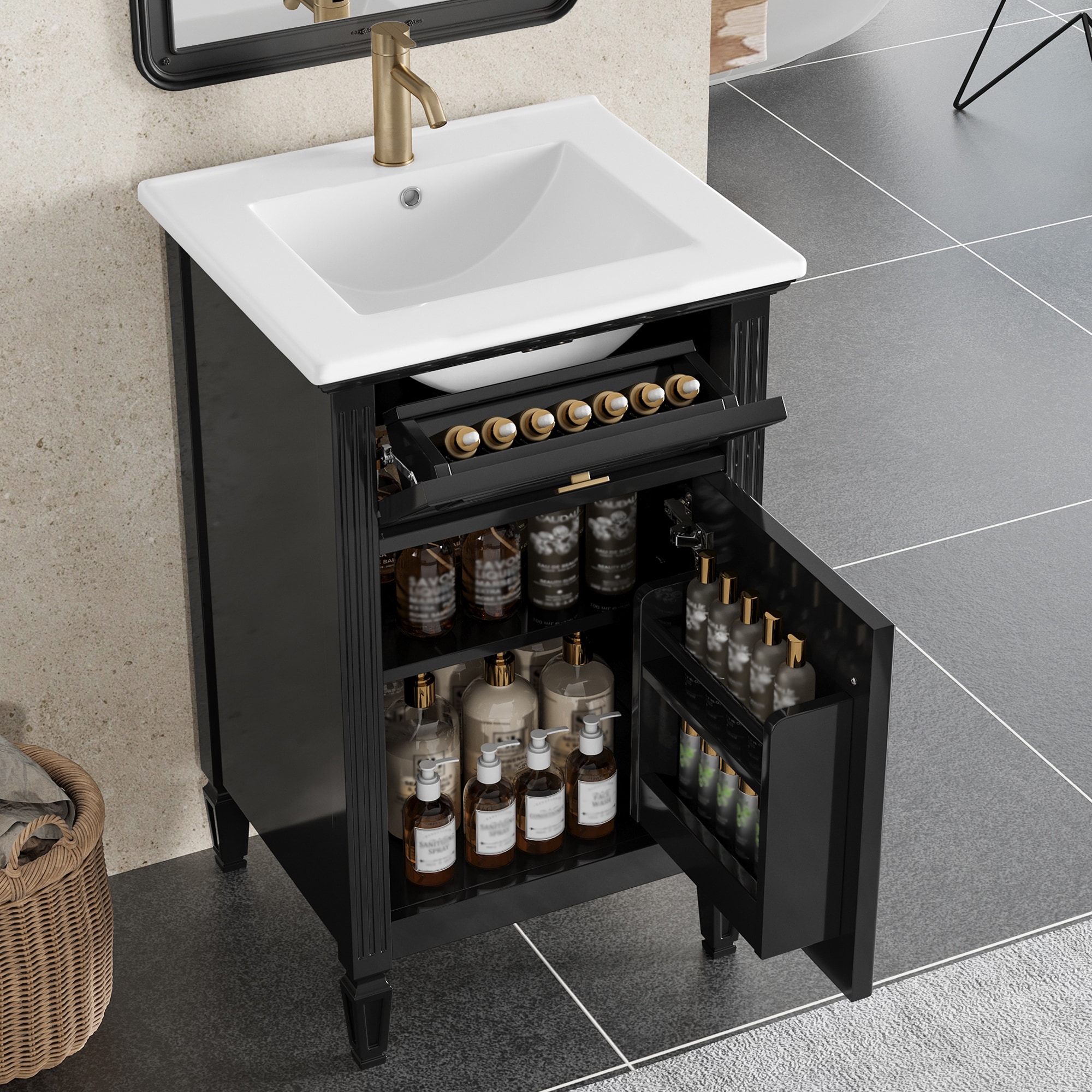 Roomfitters 20" Bathroom Vanity with Sink, Solid Wood Legs, Tilt-Out Drawer & Adjustable Shelf