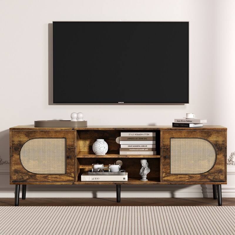 Mixoy Boho TV Stand for TV up to 65",Entertainment Center with Storage Cabinets,Shelf and Rattan Decorative Doors - 55 inches