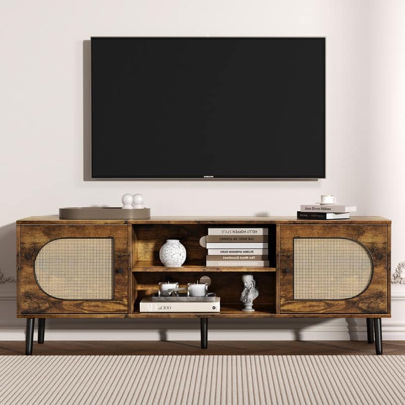 Mixoy Boho TV Stand for TV up to 65",Entertainment Center with Storage Cabinets,Shelf and Rattan Decorative Doors - 55 inches
