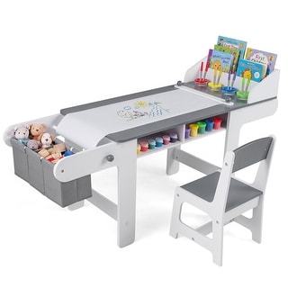 Gymax Wooden Kids Art Table & Chair Set w/Paper Roll&Fabric Bins for