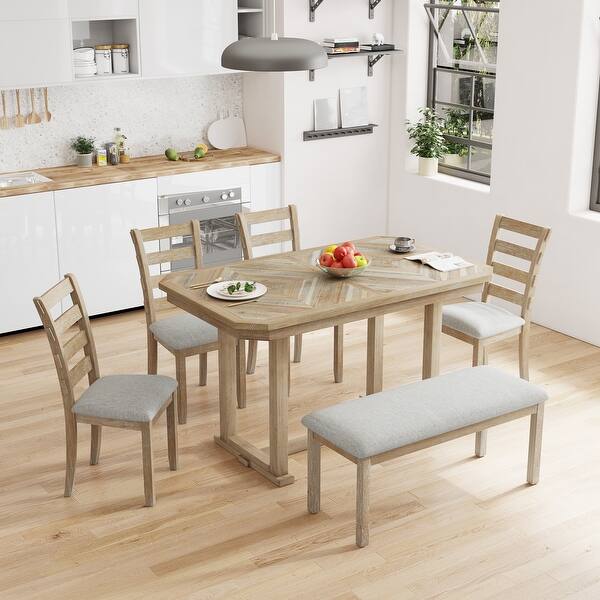 6Piece Rubber Wood Dining Table Set with Beautiful Wood Grain Pattern