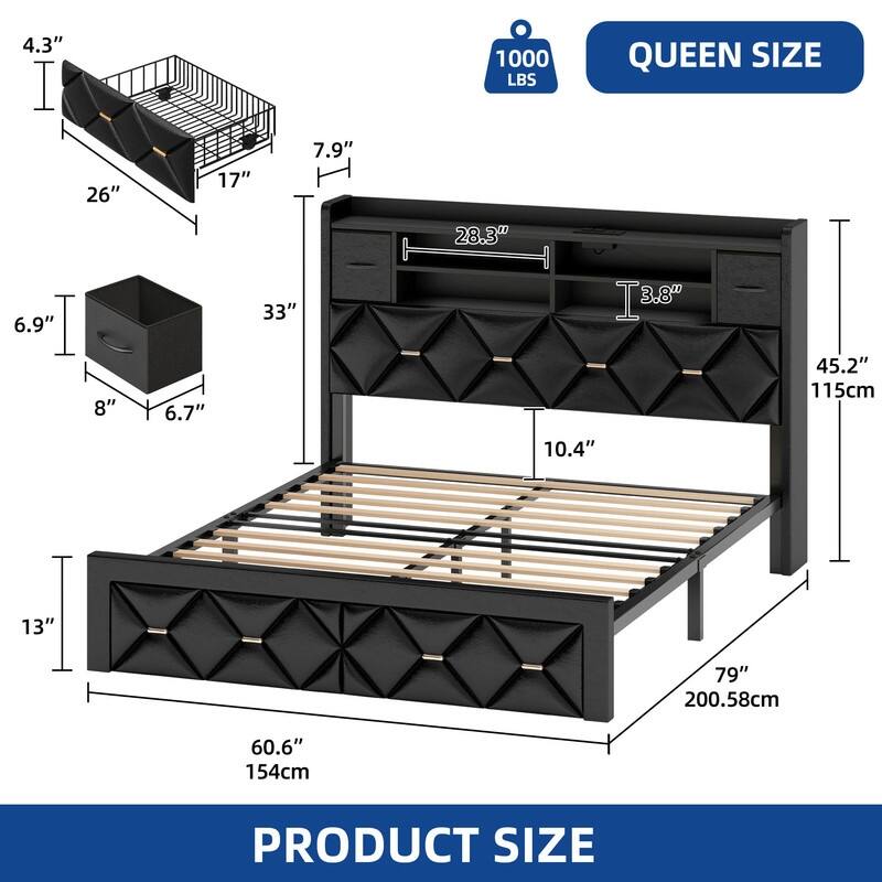 Moasis Upholstered Bed Frame with Storage Headboard And Charging Station and LED Light
