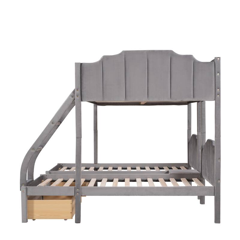 HomeRoots Gray Full Over Two Twins Solid Wood Bunk Bed With Drawers And Storage