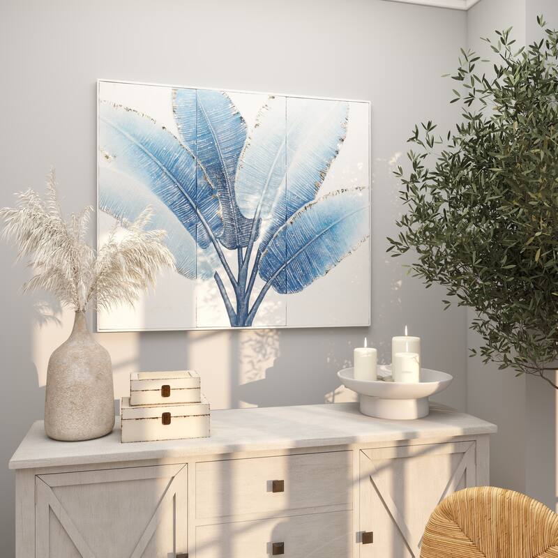 Blue Metal Leaf Palm Tree Home Wall Decor with Gold Foil Accents and White Speckled Details