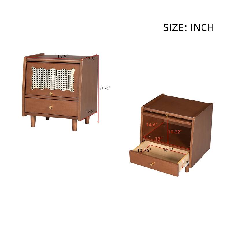 Bohemian Wooden Nightstand with Rattan Woven Storage Cabinet and 1 Drawer, Side Table with Solid Wood Legs, End Table