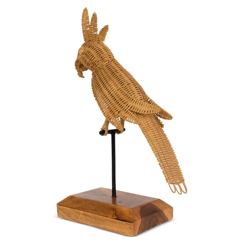Rattan Cockatoo Parrot Sculpture - Hand Woven Tropical Decor, Boho Bird Accent on Wood Stand - 17" tall x 10" wide x 5" deep