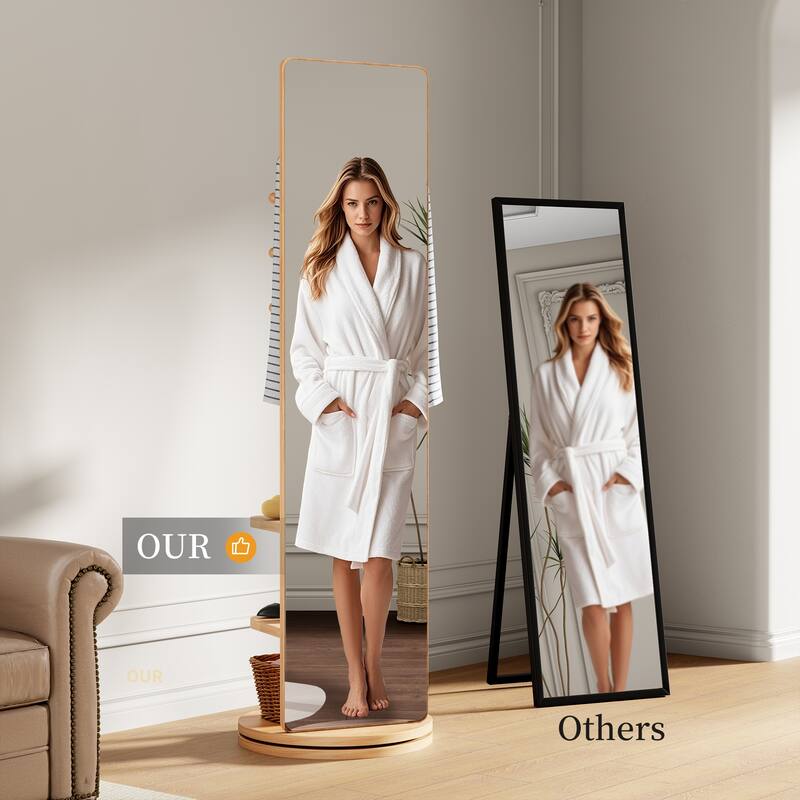 360 Rotating 66" Multifunctional Full Length Mirror with Hook Storage Rack Coat Rack For Bedroom Living Room
