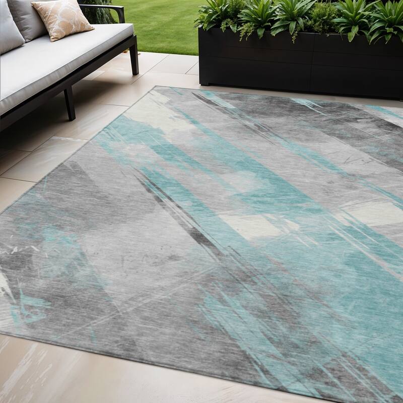 HomeRoots Striped Transitional Rectangle Outdoor Rug - Blue/Ivory - 5' X 8'