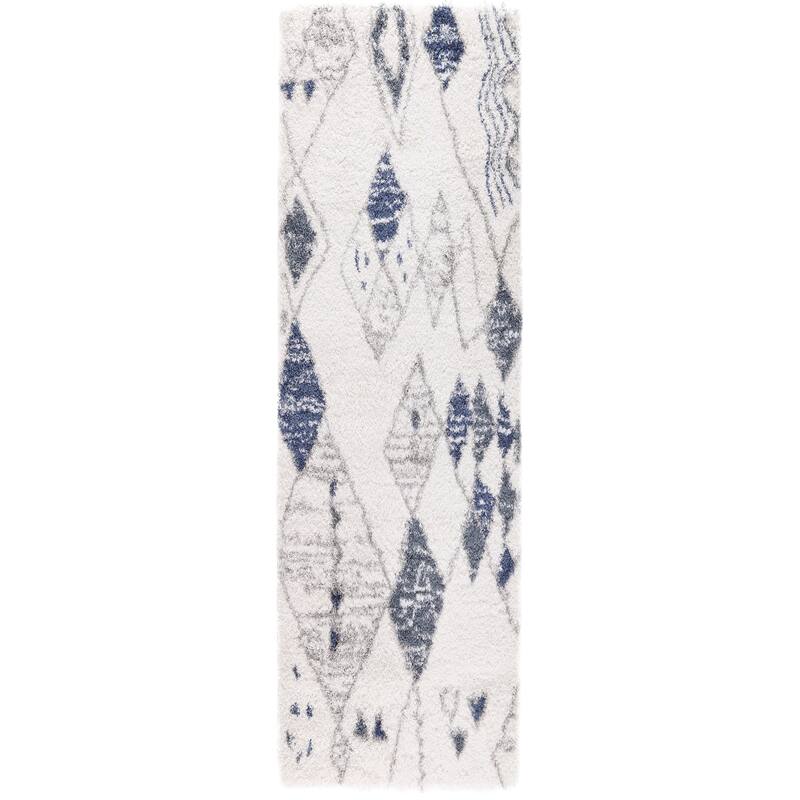 Noori Rug Lux Nolan Geometric 2-inch Thick Shag Rug - 2'6" x 8'0" - Ivory/Blue