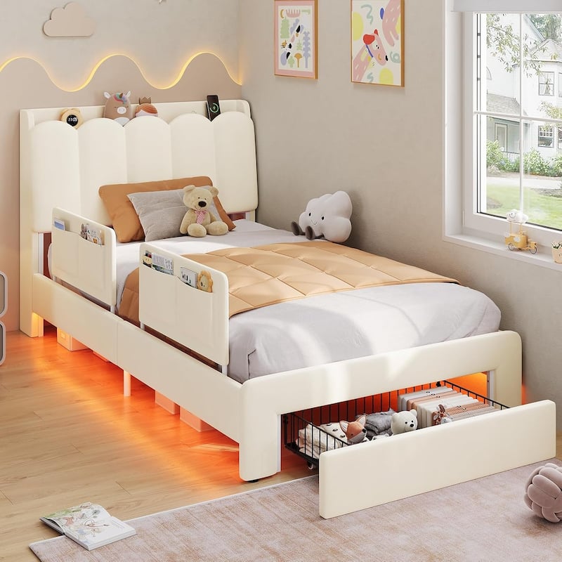LED Bed Frame Storage DrawerSafety Guardrails Velvet Princess Platform Bed Kids