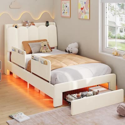 LED Bed Frame Storage DrawerSafety Guardrails Velvet Princess Platform Bed Kids