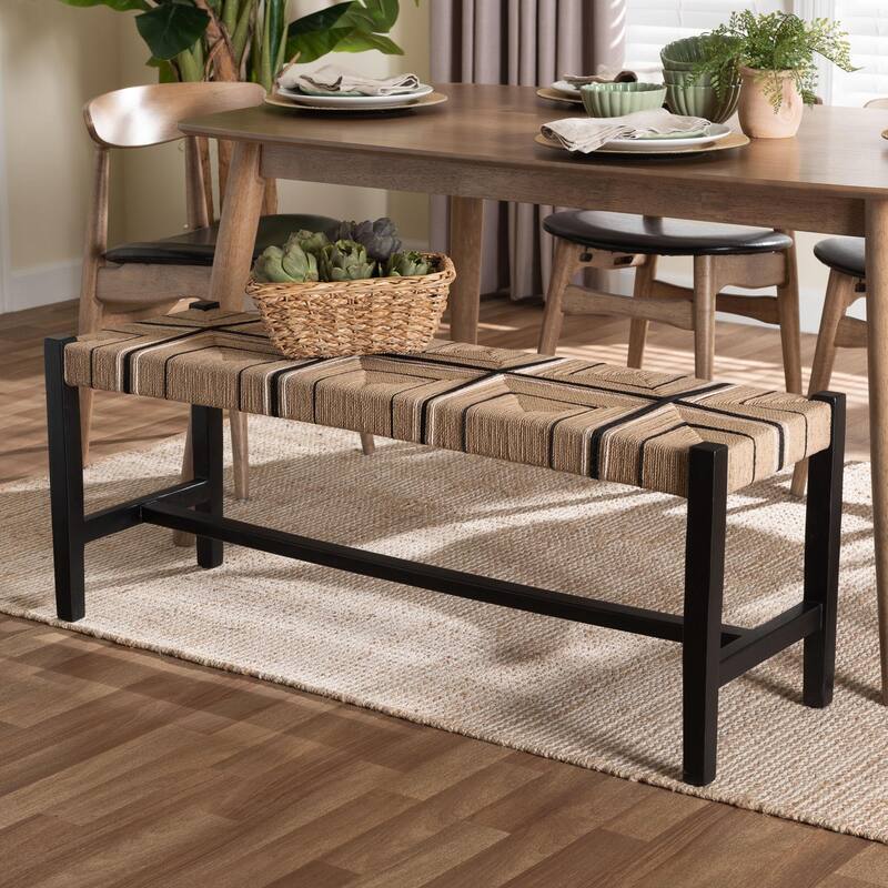 Prita Woven Paper Loom Bench with Mahogany Wood Frame - Handcrafted Accent Seating for Dining Room or Entryway