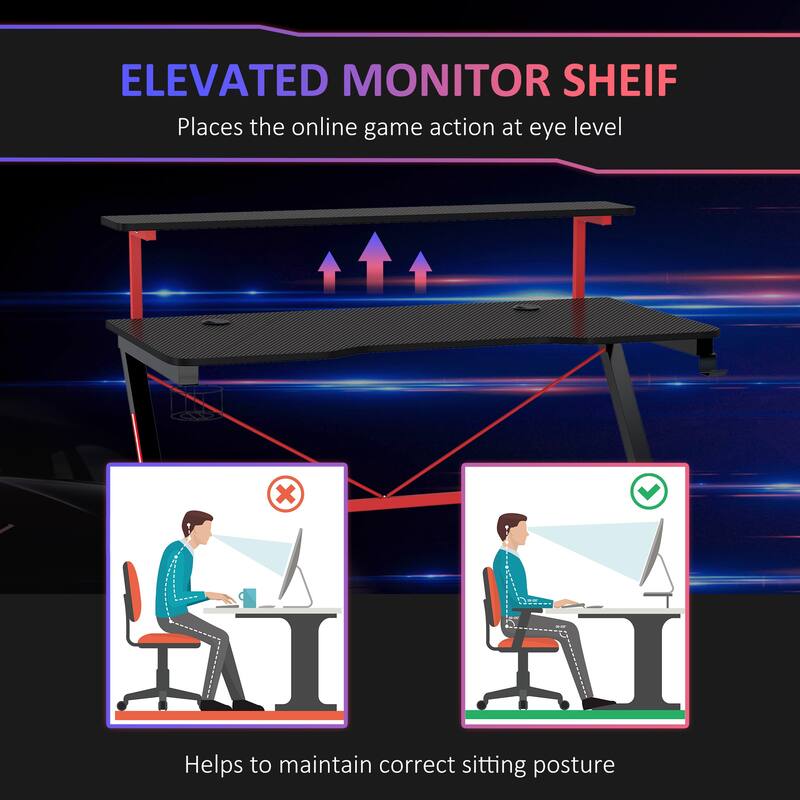Racing Style Gaming Desk with Double Desktop, Carbon Fiber Top, and Cup Holder for Home Office