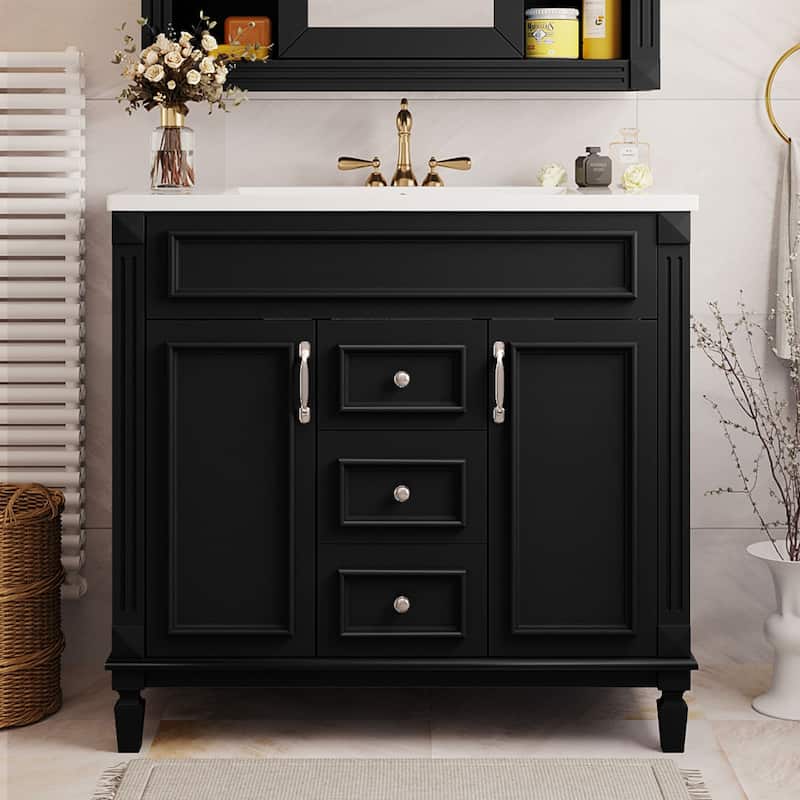 36'' Bathroom Vanity with Top Sink, Freestanding Vanity Set with Mirror Cabinet - Black-Only Bathroom Vanity with Top Sink