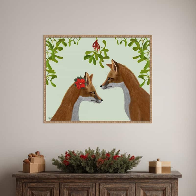 Foxes and Mistletoe by Fab Funky (28 x 23 in.), Framed Canvas Wall Art Print - Sylvie Beaded Rustic Natural