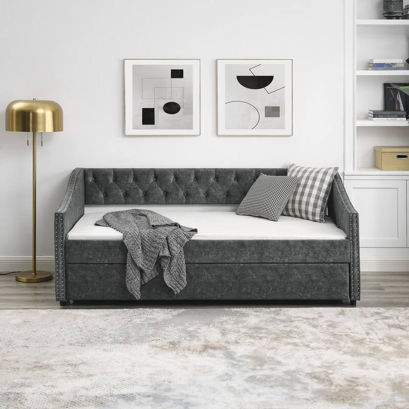 Upholstered Twin Daybed with Trundle,Polyester Fabric Sofa Bed with Button Tufted for Living Room,Bedroom