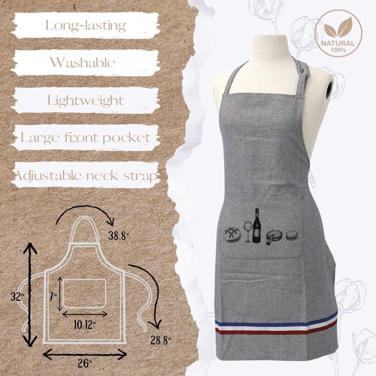 Chef's French Culinary Cotton Cooking Apron - 32x26 Inch - Wine & Delicacies Design for Gourmet Kitchens - 32"L x 26"W x 0.1"H