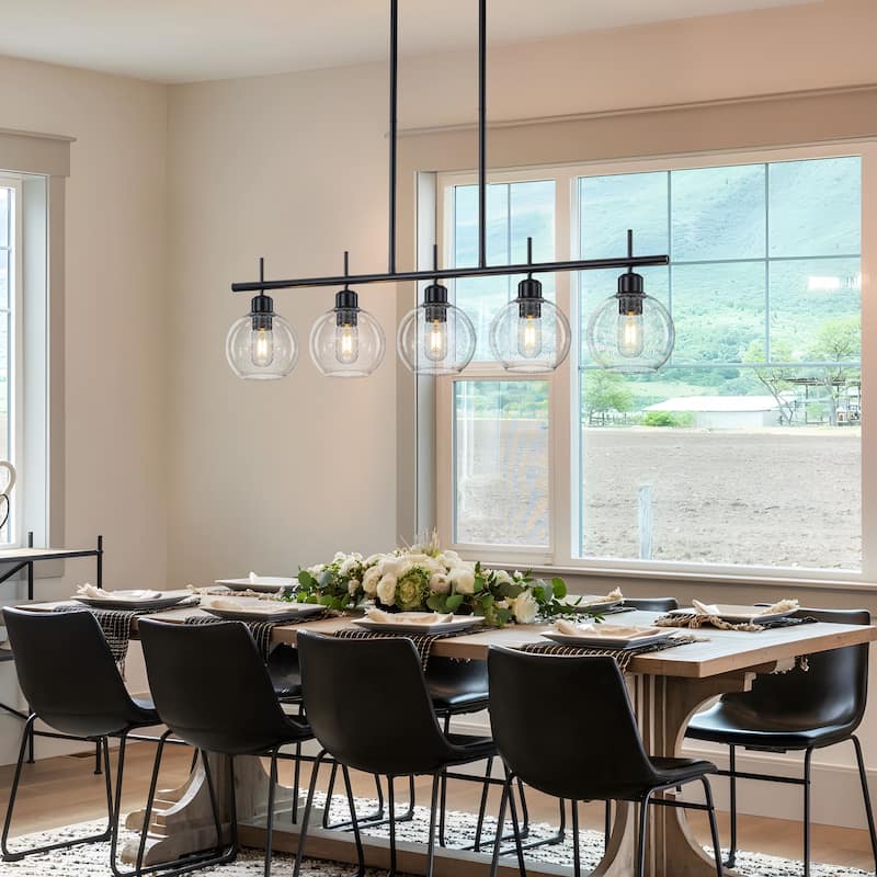 Starsky 5-Light Modern Linear Kitchen Island Pendant with Seeded Glass Globes, Adjustable Height, Black or Gold