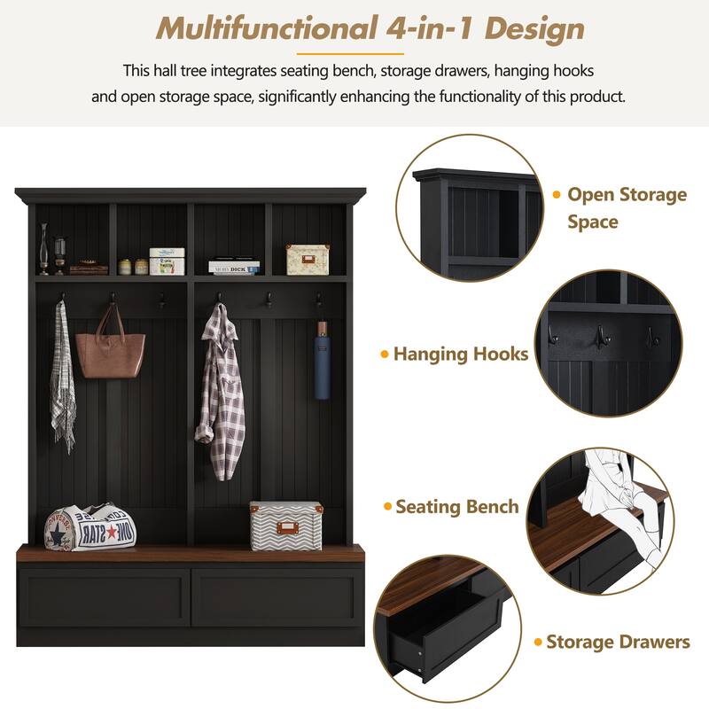 Farmhouse 4-in-1 Hall Tree with Bench, Versatile Coat Rack with 2 Large Drawers and 6 Black Hooks for Hallway, Living Room