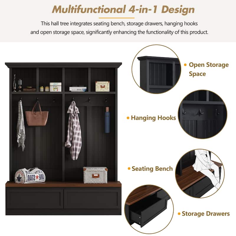 Farmhouse 4-in-1 Hall Tree with Wood Grain Bench, Mudroom Versatile Coat Rack with 2 Large Drawer, Entrance Organizer, 55.9"W