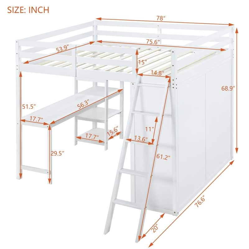 Full Size Wooden Loft Bed with Wardrobe and Desk and Shelves