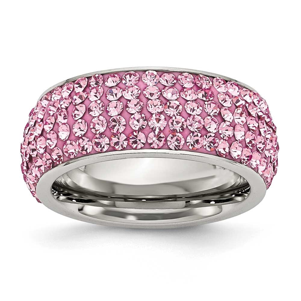 Stainless Steel Eternity Ring Polished Pink Crystal 9mm Eternity Ring