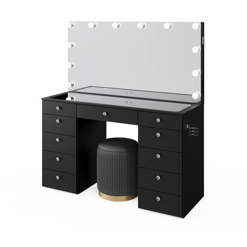 Boahaus Elle Makeup Vanity with Bluetooth Speaker, 12 Lights, and 11 Drawers
