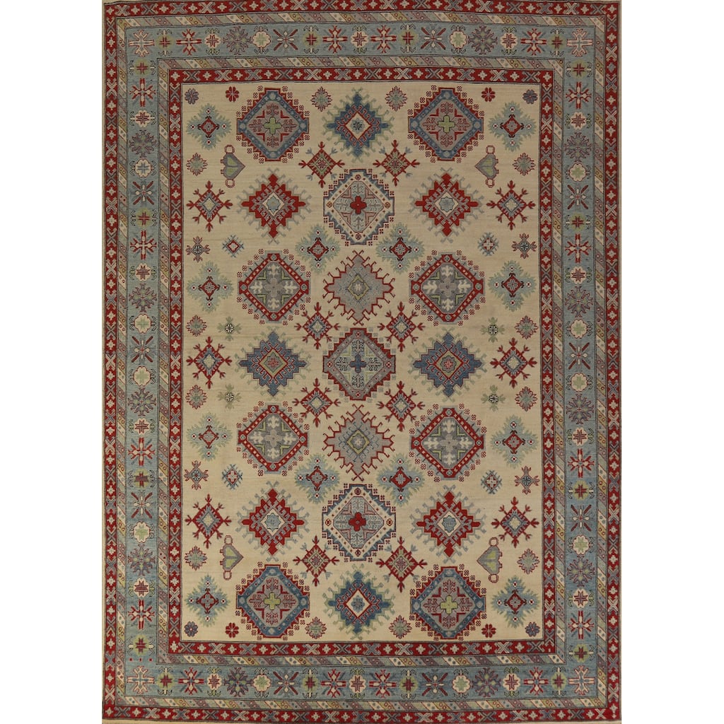 Hand Knotted Oriental 100% Wool Carpet Traditional Geometric Beige & Ivories Kazak Area Rug - 12' 0'' X 9' 1''