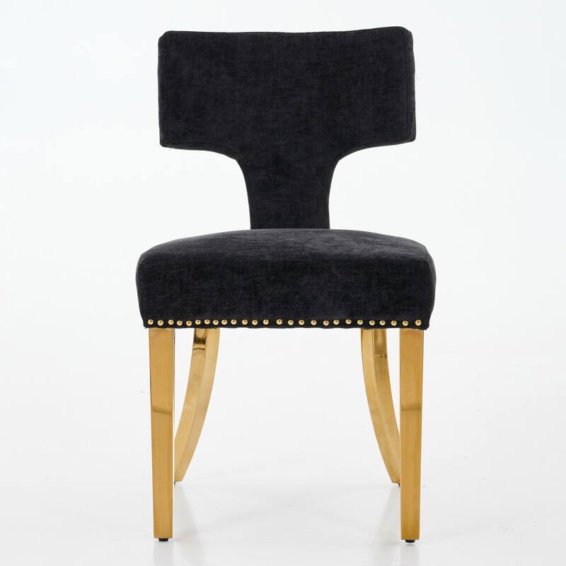 Mid Century Modern Chenille Dining Chairs Set of 2, Upholstered Accent Kitchen Chairs with Nailhead Trim & Gold Steel Legs