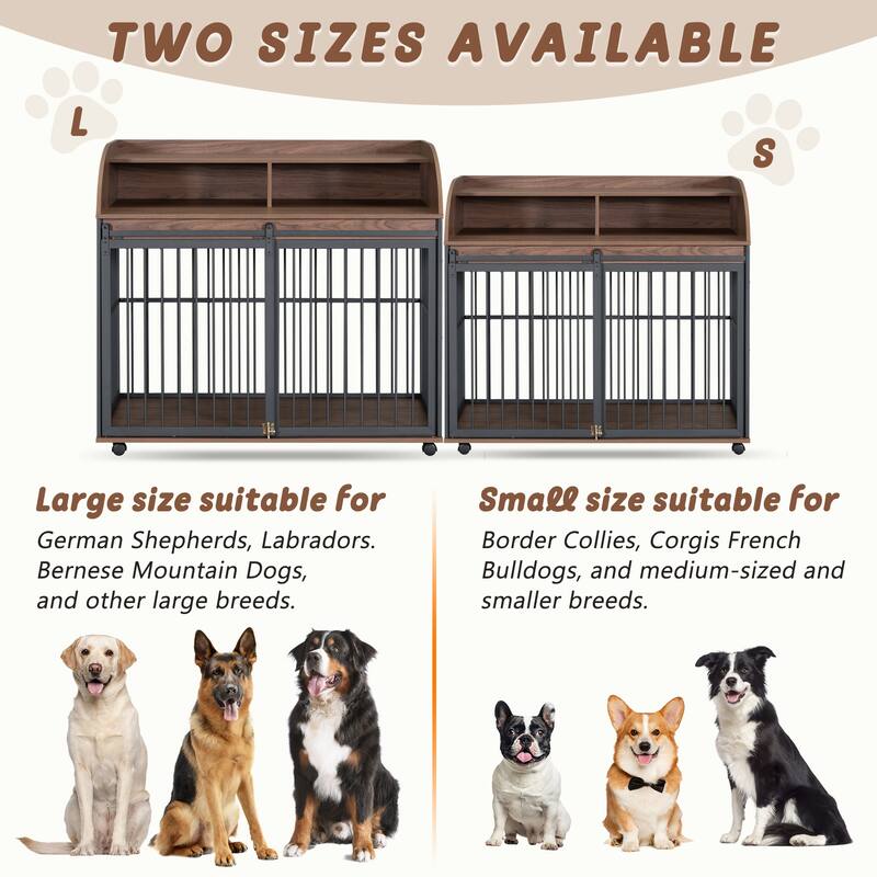 44"Heavy Duty Large Dog Crate Furniture with Lockable Wheels, Wooden Dog Crate Dog Kennel, End Table with Double Layer Storage